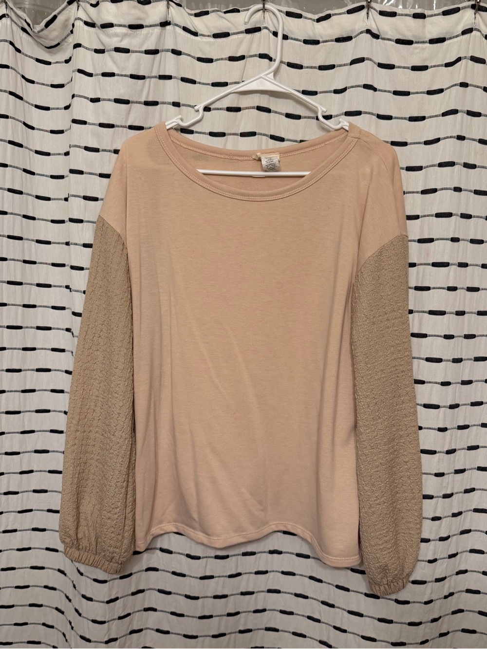 BiBi Two-Tone Beige Long Sleeve Crewneck Top